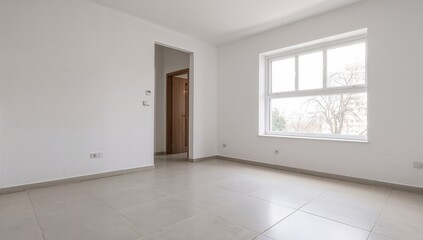 Obraz premium Bright vacant room in a home featuring tiled floors and new PVC window installation