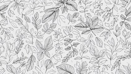 Fototapeta premium Seamless botanical design featuring hand-sketched leaves on a white background