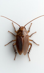 Detailed view of an insect with six legs and antennae on a plain white surface. Showing the insect's texture and form.