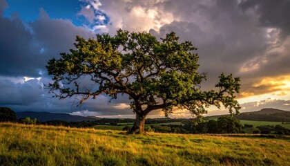 Fototapeta premium Lone tree on grassy hill at dusk. Sky for meditation background and nature articles