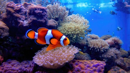 Saltwater aquarium with clownfish variety