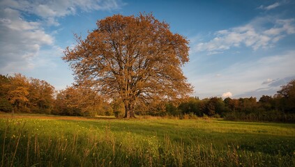 Obraz premium Autumn field featuring a solitary, towering beech tree