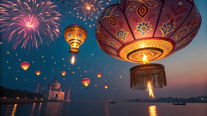 Decorated Floating sky lamp for Happy Diwali festival holiday celebration of India in the sky with fireworks
