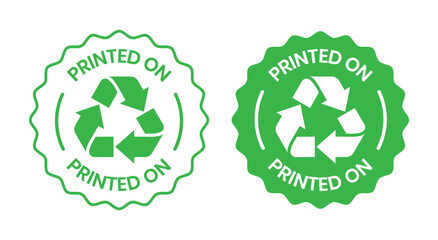 Printed on Recycled Paper Vector Label – Eco Friendly, Green, Sustainable, Badge Design. Printed on Recycled Paper logo, label, sign, badge, symbol, banner, line, flat vector, isolated illustration.