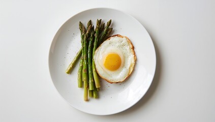 Tasty morning meal with asparagus and a fried egg on a white dish, viewed from above with space for text