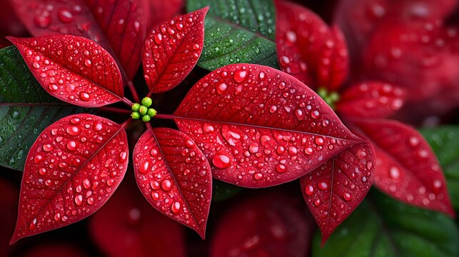 Poinsettia plant with water drops on red leaves