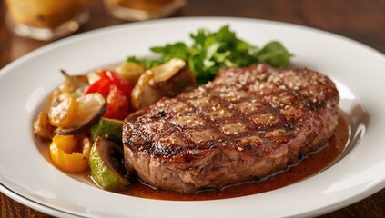 Barbecue pork chop served with fresh vegetables on a dish, nutritious meal