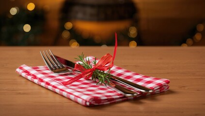 Cutlery set placed on a plaid napkin tied with a decorative branch on a wooden surface. Festive holiday theme.