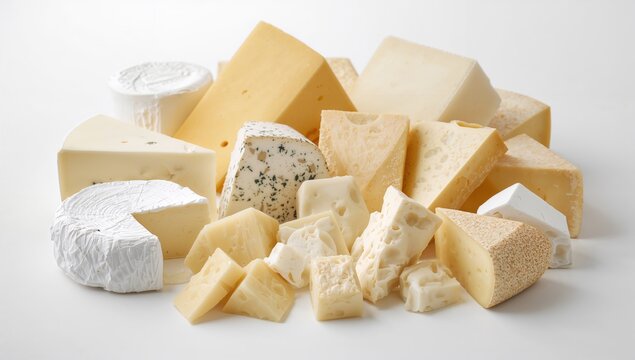 A wide assortment of cheeses displayed on a plain white background