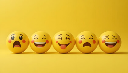 Yellow eggs with various emoji faces on yellow background. Generative AI
