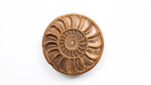 Longitudinal view of an ammonite fossil showing internal chambers and septa in a polished spiral shell