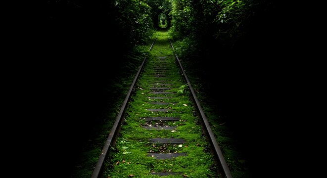 Green moss path leads into dark tunnel. Dramatic lighting, nature photography, travel poster, scenic backdrop.