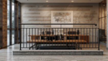 Stone railing guarding a central hall with business and technology elements, including a laptop and marketing concepts on a table