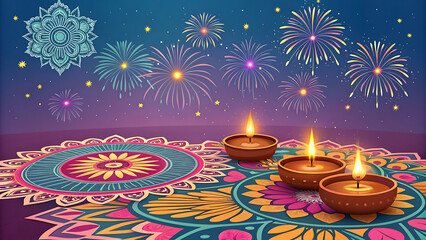 Happy Diwali. Celebrating the festival of lights. Background with the paper graphic of Indian Rangoli and fireworks.