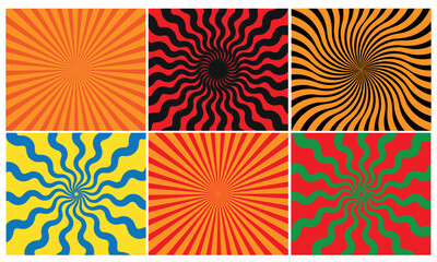 Six vibrant psychedelic swirl patterns featuring radial sunburst designs in contrasting colors