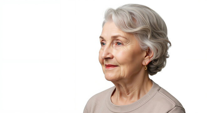Elderly woman smiling while posing on a white background for International Women's Day   - Powered by Adobe