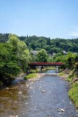Fototapeta premium Nakabashi Bridge over Miyagawa River in Takayama, Japan