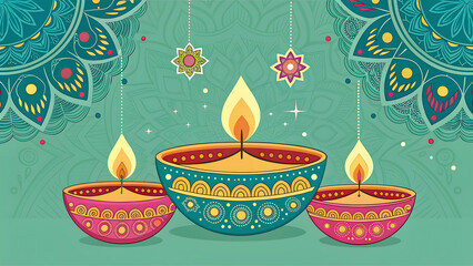 Happy Diwali - festival of lights colorful poster template design with decorative diya lamp illustration sea green design