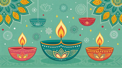 Happy Diwali - festival of lights colorful poster template design with decorative diya lamp illustration sea green design