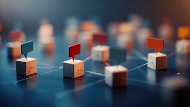 Idea of digital interaction or social media. Wooden blocks with connected speech icons linked by lines.