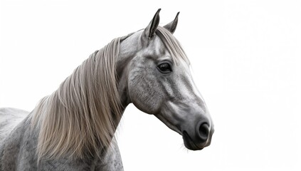 Fototapeta premium Close-up portrait of a grey horse with flowing mane against a white backdrop. Bright and high-key photograph.