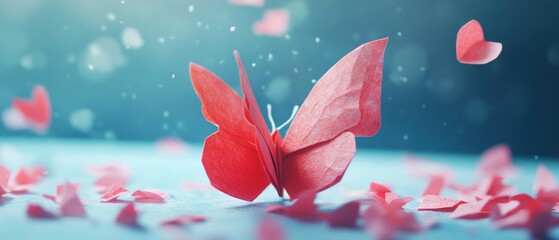 Red origami butterfly with heart shapes dreamy pastel background