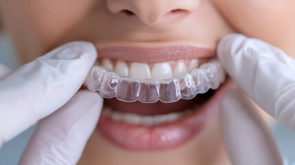 Close-up of a person wearing clear dental aligners, assisted by gloved hands. Emphasizing teeth straightening and dental care.