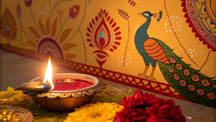 Happy Diwali Poster with Diya Lamp and Peacock. Indian festival of lights Design