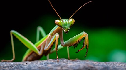 Praying mantis watching with predatory gaze on rock