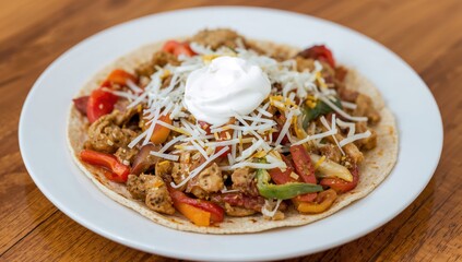 Oven-Cooked Chicken Fajitas with Assorted Bell Peppers, Onions, Creamy Sauce, Cheese, and Corn Tortillas on a Wooden Surface