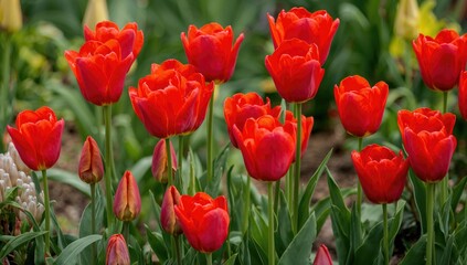 Fototapeta premium Bright red tulips blossoming in a garden setting, symbolizing love, passion, and the freshness of spring.
