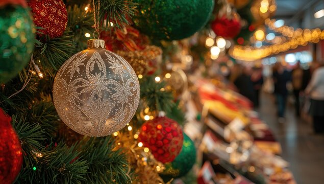 Holiday market showcasing festive Christmas decorations up close