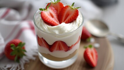 Glass of berry treat with fresh strawberries, biscuits, and whipped cream. Dairy-free vegan dessert made with coconut milk. Recipe for a nutritious organic cheesecake or berry dessert.