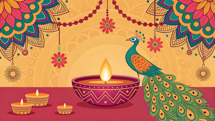Happy Diwali Poster with Diya Lamp and Peacock. Indian festival of lights Design