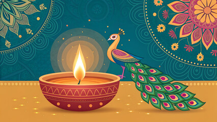 Happy Diwali Poster with Diya Lamp and Peacock. Indian festival of lights Design