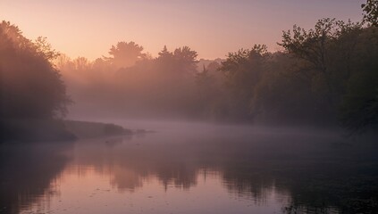 Fototapeta premium Morning fog rises over an enchanted river.