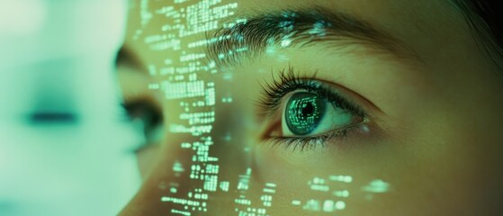 Human eye with digital code overlay futuristic technology concept