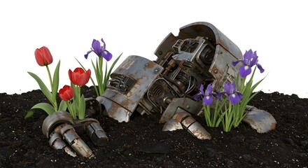 Nature Reclaims: Rusty Metal Robot and Flowers Symbolize Renewal. Sci-fi, editorial, poster, or presentation use.