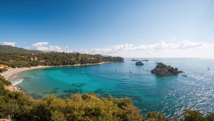 Obraz premium Gorgeous turquoise waters of a coastal morning in summer from the shore