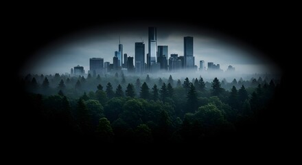 Moody photo features city skyline rising above dark, green forest. Ideal for environmental campaigns, urban planning, or conceptual designs.