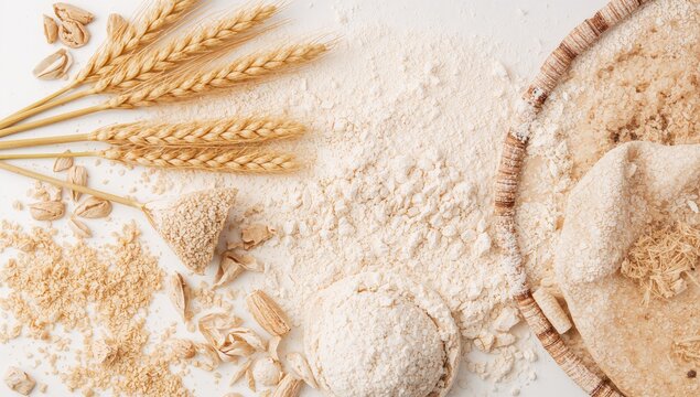 Grains and wheat stalks with flour