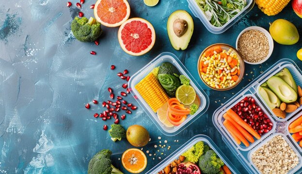 Meal prep Balanced food in containers. Abstract blue background. For healthy diet - Powered by Adobe