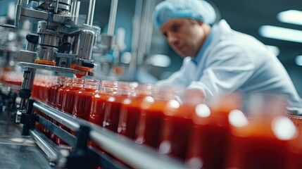 A worker inspects a production line filled with jars, likely in a food processing facility, highlighting the manufacturing process.
