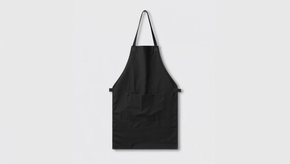 Empty black apron with a pocket hanging alone on a hanger