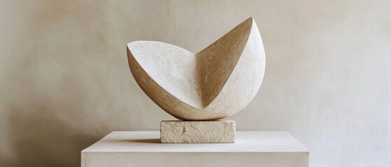 Abstract beige stone sculpture on minimalist pedestal