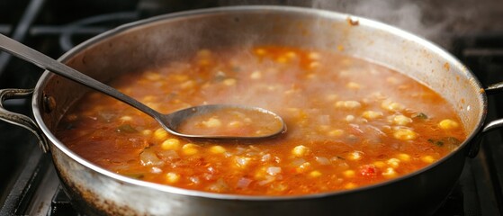 Steaming chickpea stew in rustic metal pot close up food photography