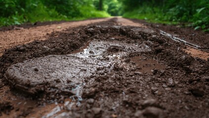 A deep, large footprint is imprinted on the wet, heavy mud, symbolizing grime and disorder.