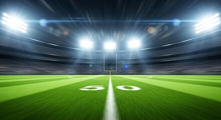American football stadium with bright lights illuminating the green field