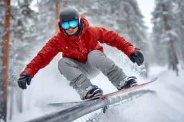 Snowboarder performing rail grind trick in snow park