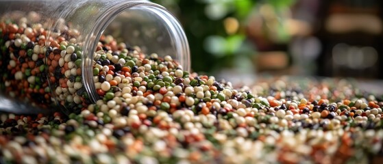 Colorful legumes and lentils pouring from jar closeup view